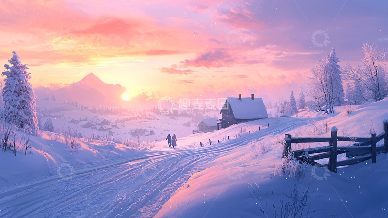 高清大图下载【趣麦麦图】冬日雪景中的小屋与行人