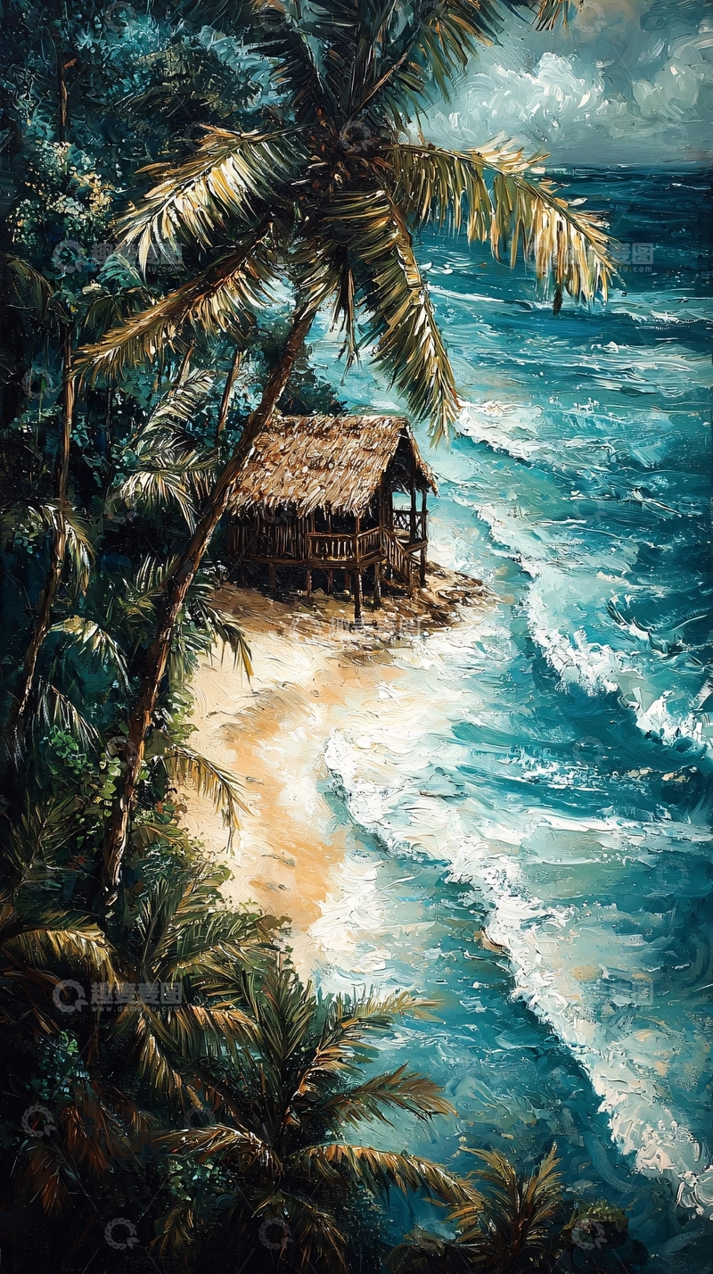 高清大图下载【趣麦麦图】热带海滩小屋风景画