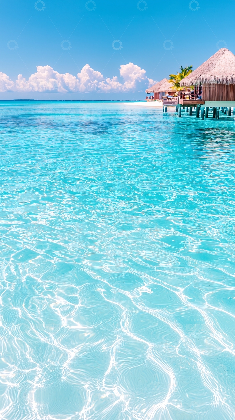 高清大图下载【趣麦麦图】清澈海滩上的水上别墅