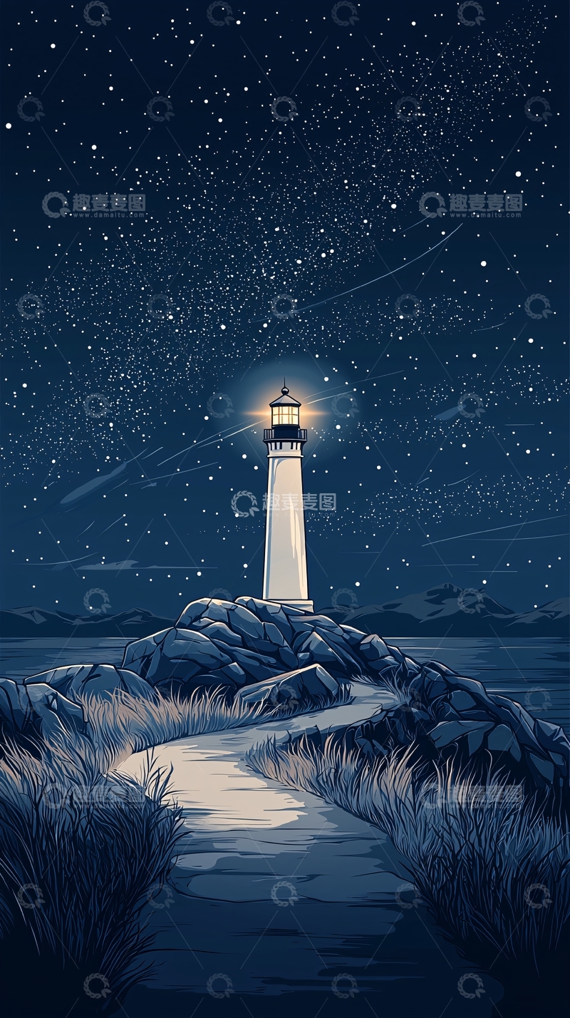 高清大图下载【趣麦麦图】夜空下的灯塔与星光