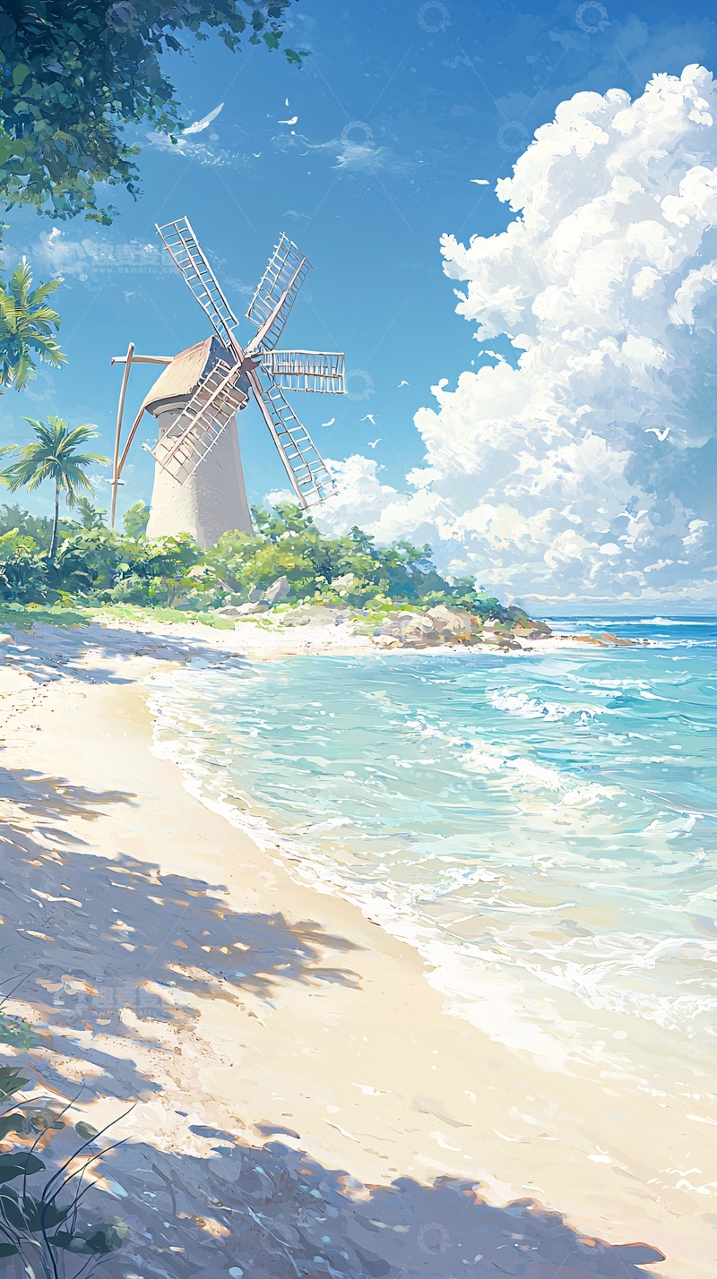 高清大图下载【趣麦麦图】海边风车风景插画