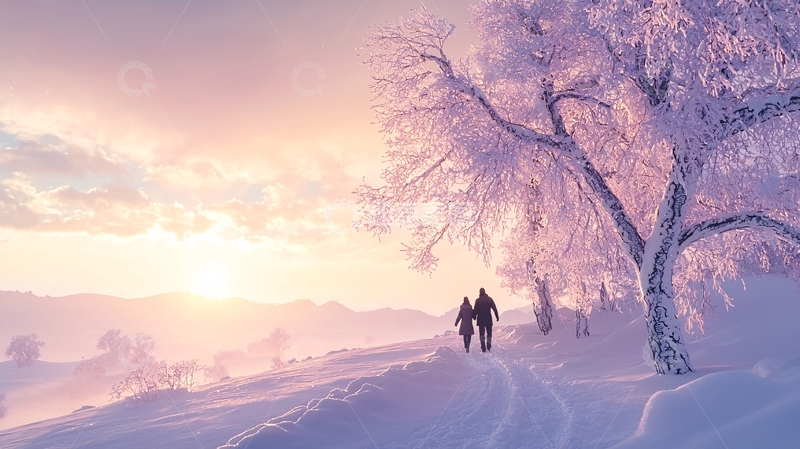 高清大图下载【趣麦麦图】冬日雪景情侣漫步