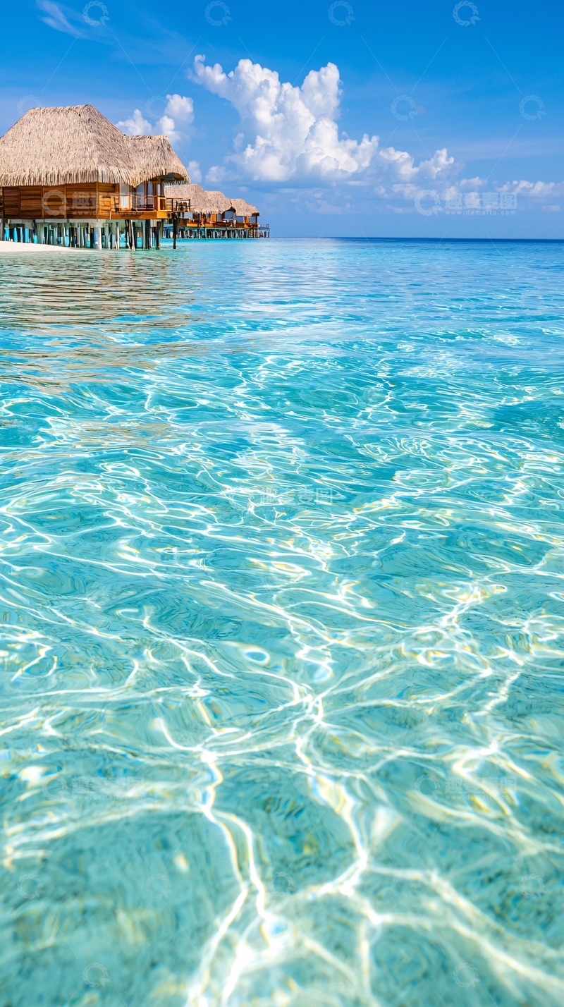高清大图下载【趣麦麦图】清澈海滩上的水上别墅