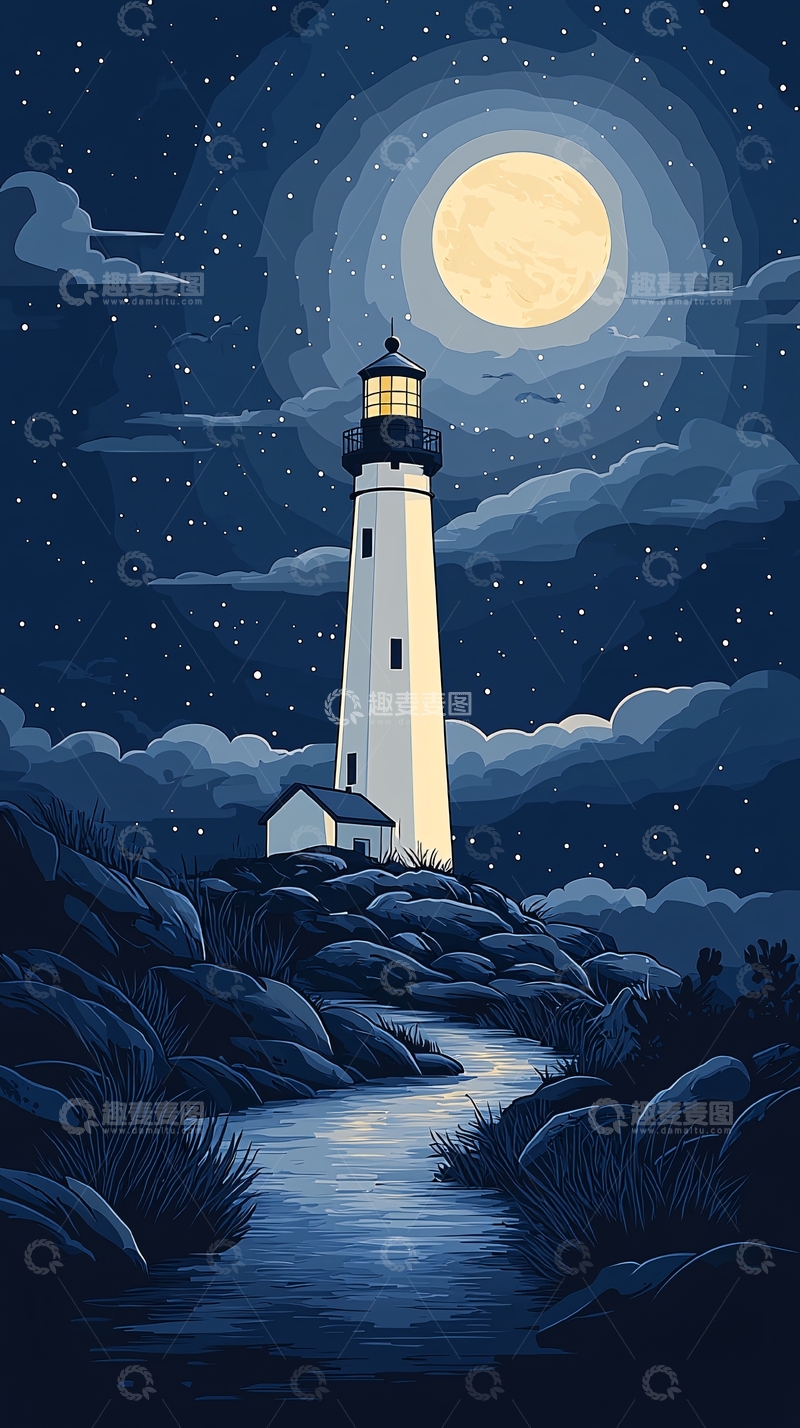 高清大图下载【趣麦麦图】月夜灯塔下的小径