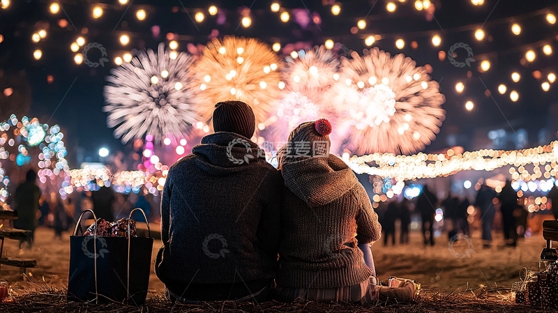 高清大图下载【趣麦麦图】情侣观赏烟花夜景