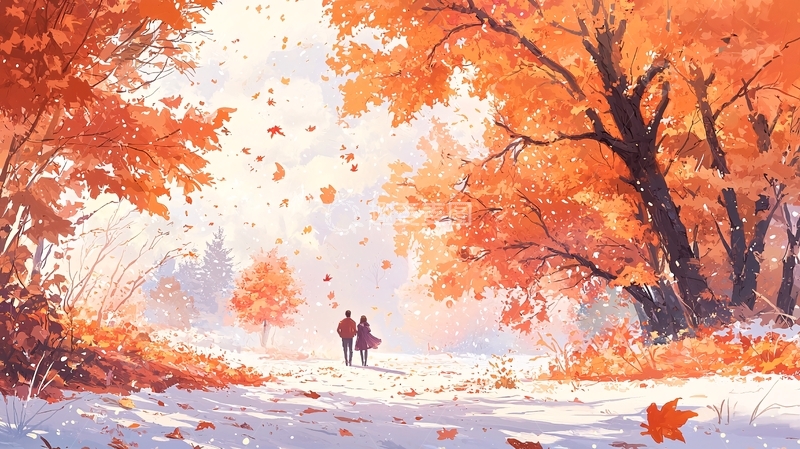 高清大图下载【趣麦麦图】秋日落叶漫步情侣