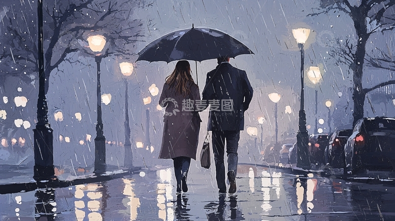 高清大图下载【趣麦麦图】雨中漫步情侣伞下