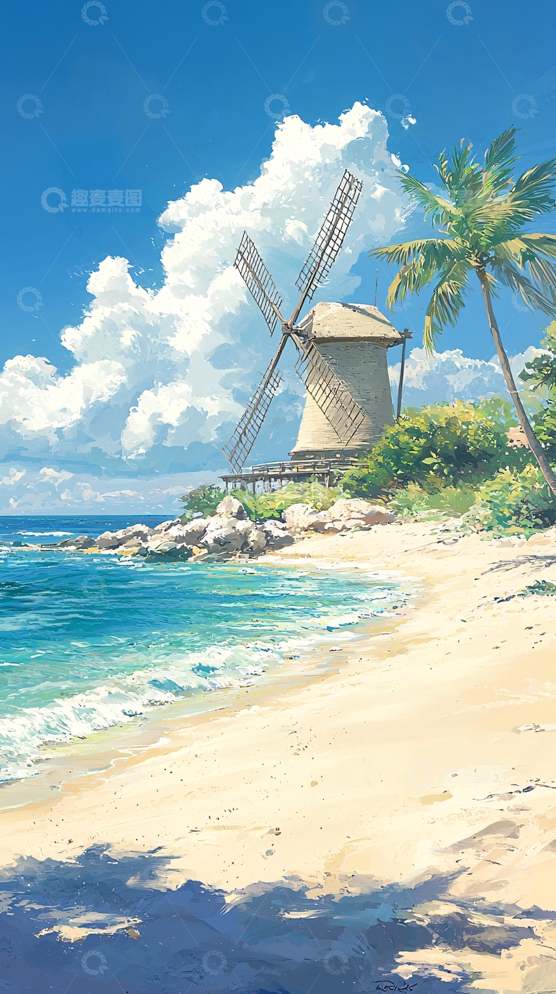 高清大图下载【趣麦麦图】海边风车与椰树