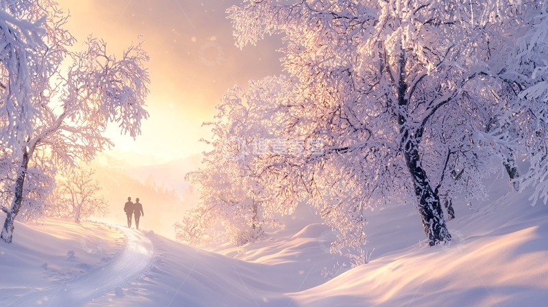 高清大图下载【趣麦麦图】冬日雪景情侣漫步