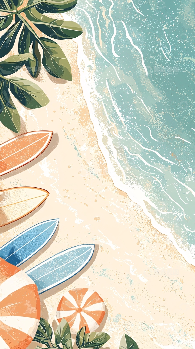 高清大图下载【趣麦麦图】夏日海滩冲浪板背景图