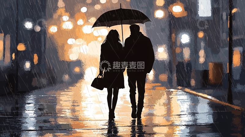 高清大图下载【趣麦麦图】雨中漫步情侣剪影