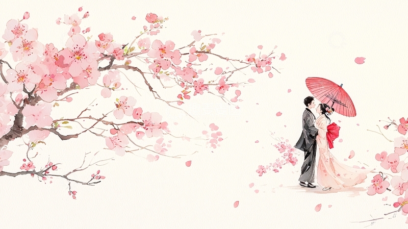 高清大图下载【趣麦麦图】樱花树下情侣漫步