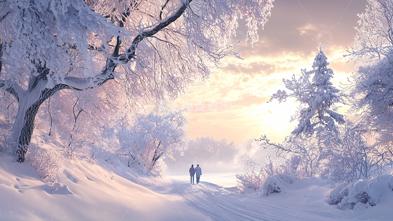 高清大图下载【趣麦麦图】冬日雪景情侣漫步