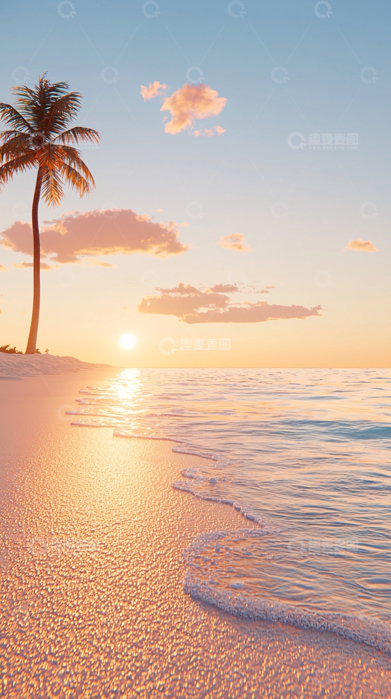 高清大图下载【趣麦麦图】夕阳下的海滩椰树