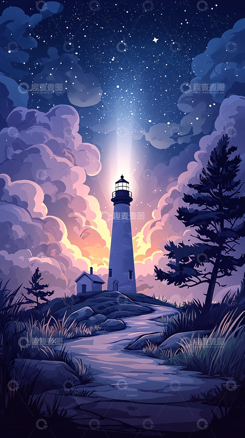 高清大图下载【趣麦麦图】夜幕下的灯塔与小屋