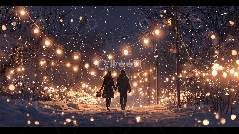 高清大图下载【趣麦麦图】冬夜雪中牵手情侣