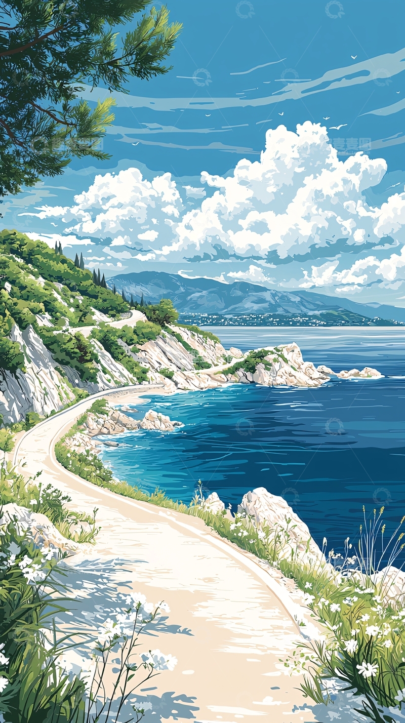高清大图下载【趣麦麦图】海边小路风景插画