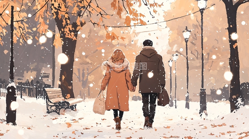 高清大图下载【趣麦麦图】冬日雪景中牵手的情侣