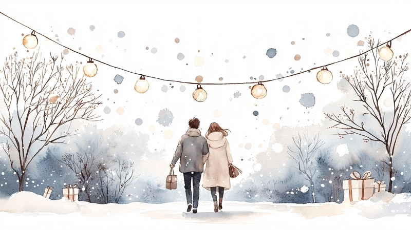 高清大图下载【趣麦麦图】冬日恋人在雪地散步