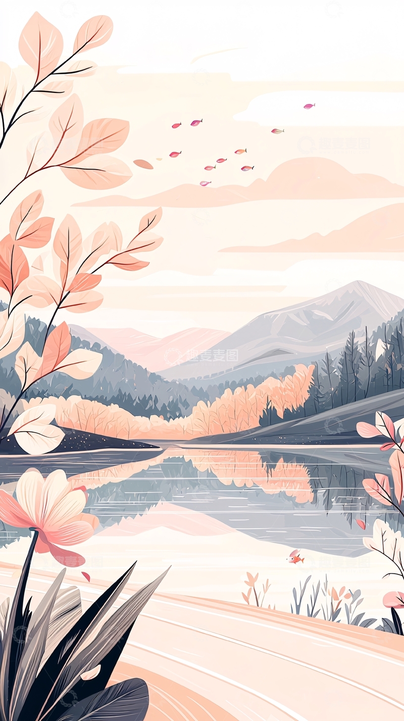 高清大图下载【趣麦麦图】秋日湖畔风景插画