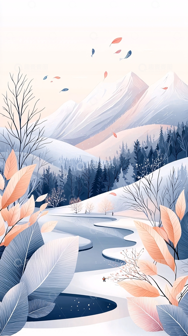 高清大图下载【趣麦麦图】冬日山间雪景插画
