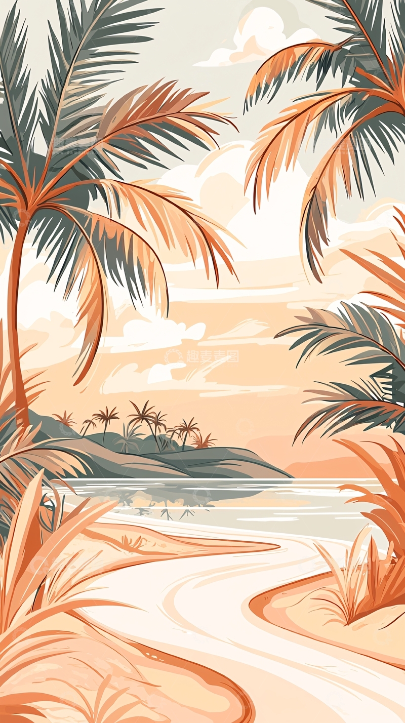 高清大图下载【趣麦麦图】热带海滩棕榈树风景插画