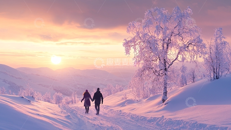 高清大图下载【趣麦麦图】雪地情侣手牵手漫步夕阳下
