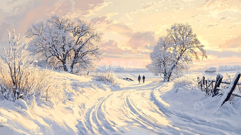 高清大图下载【趣麦麦图】冬日雪景中漫步的两个人