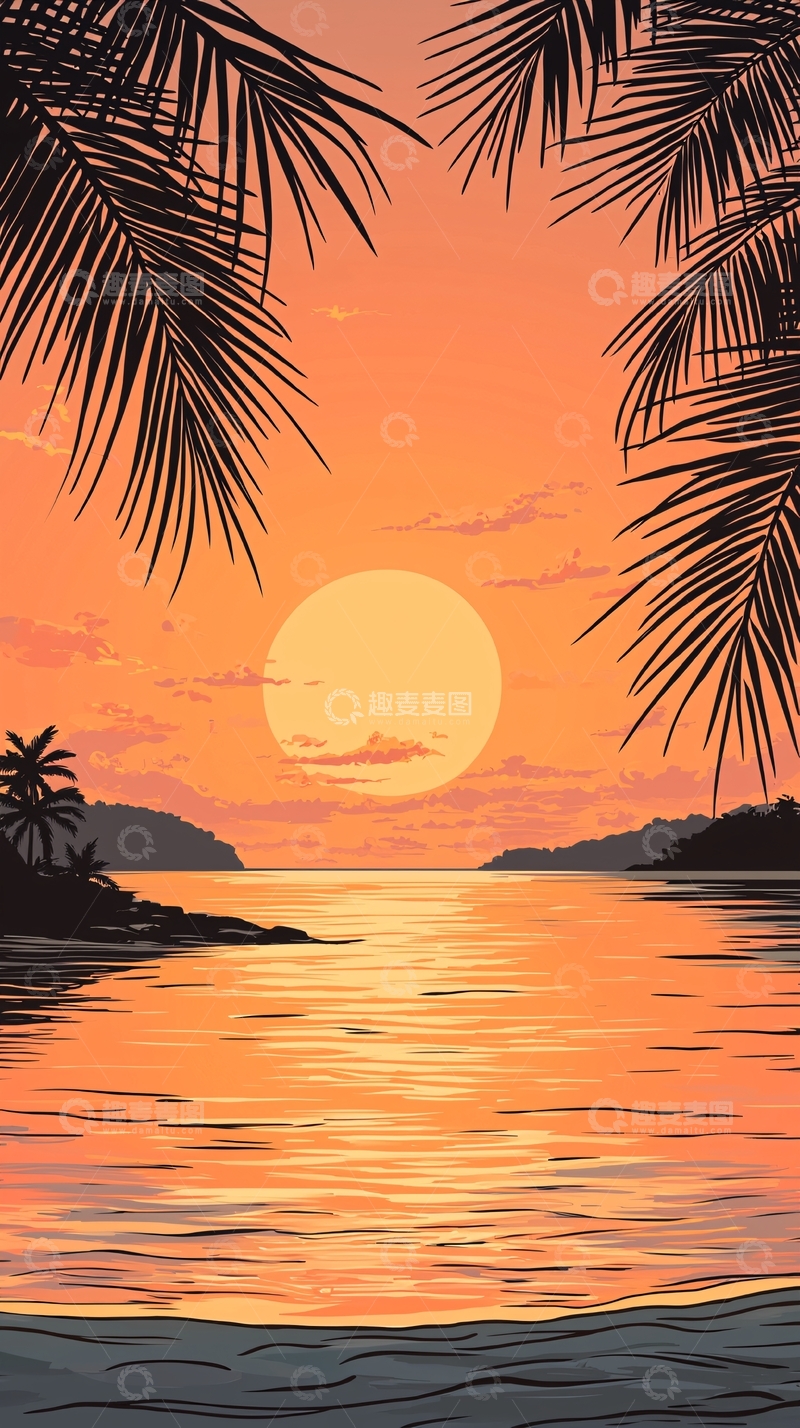 高清大图下载【趣麦麦图】热带日落海滩风景插画