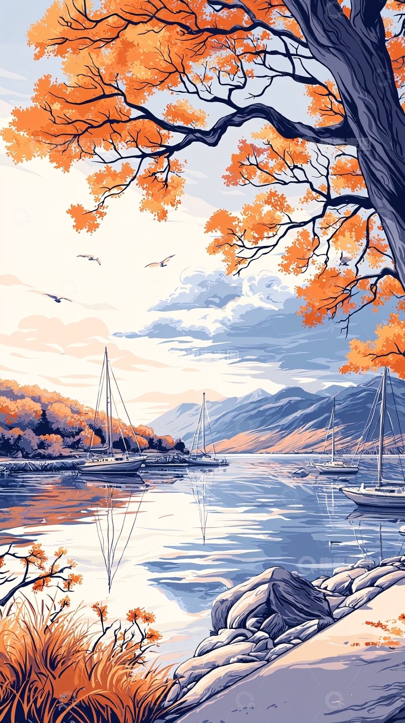 高清大图下载【趣麦麦图】秋日湖畔帆船风景图