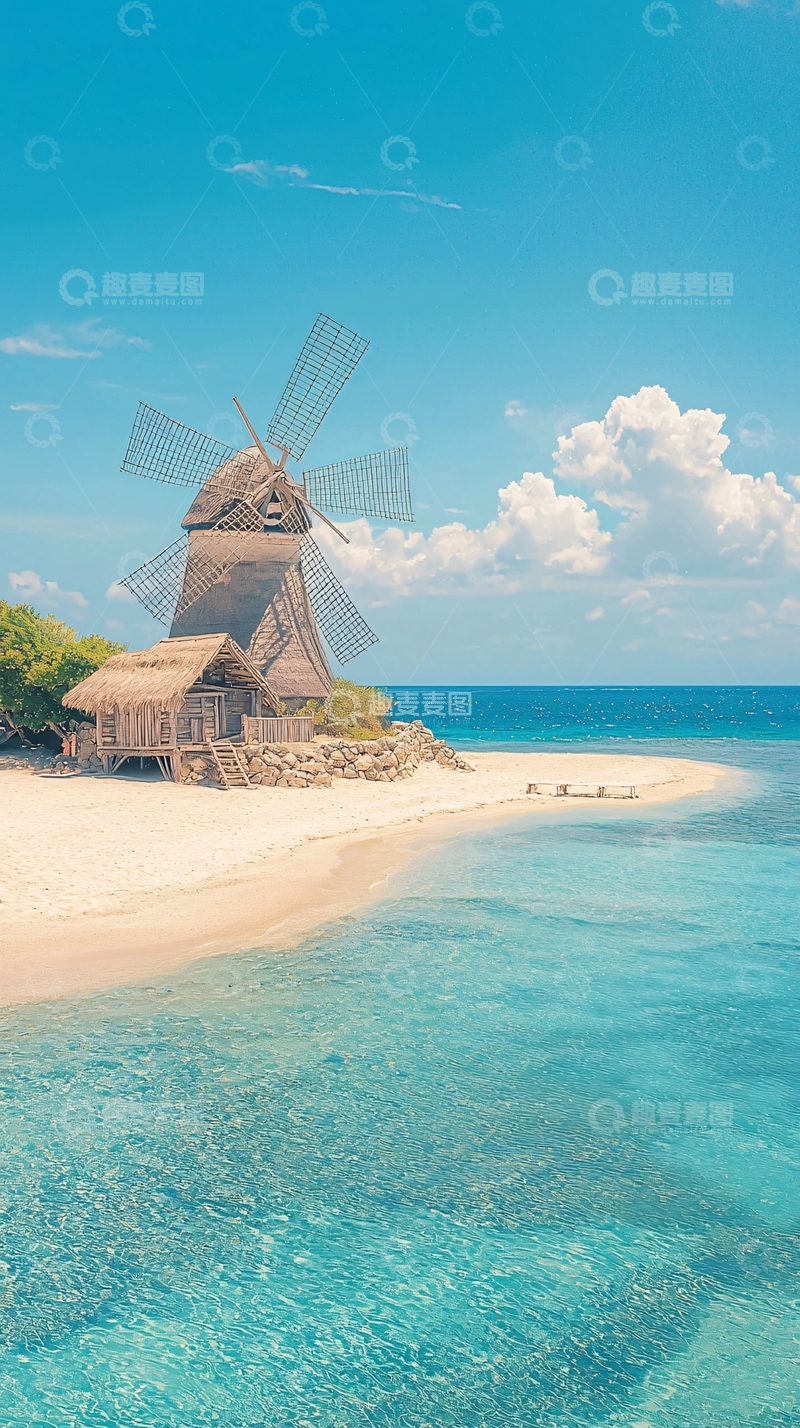 高清大图下载【趣麦麦图】风车与海滩的梦幻风景