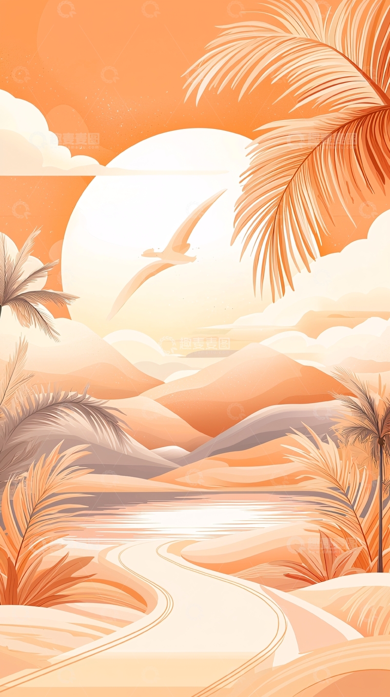 高清大图下载【趣麦麦图】热带日落海滩风景插画