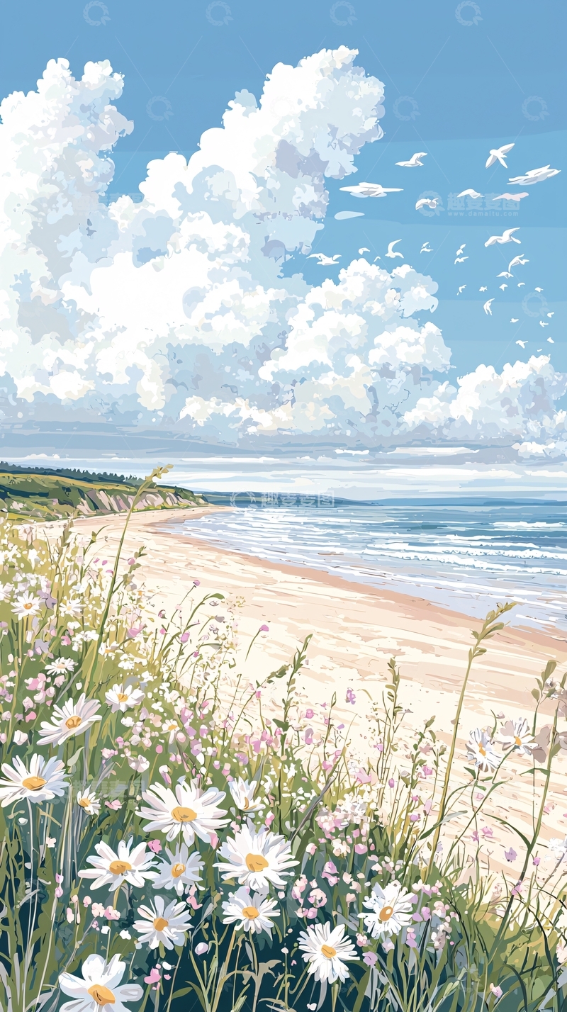 高清大图下载【趣麦麦图】海滩上的野花与海鸥