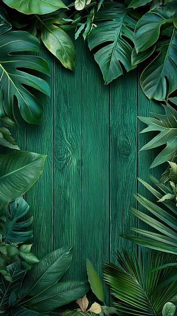 绿色木质背景与热带植物