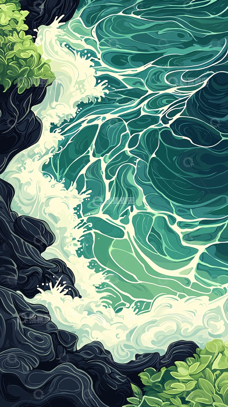 高清大图下载【趣麦麦图】绿色海洋波浪动态插画