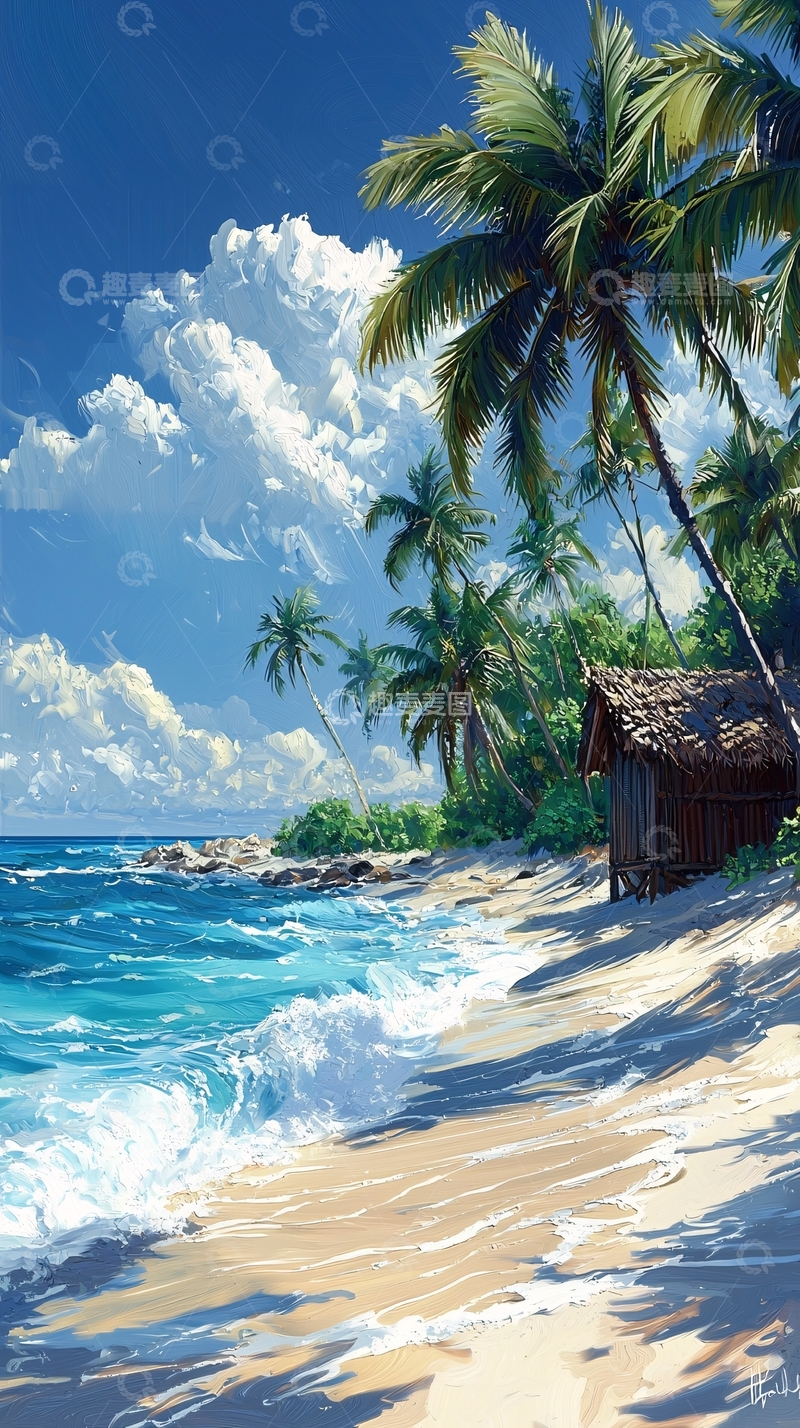 高清大图下载【趣麦麦图】热带海滩椰子树小屋
