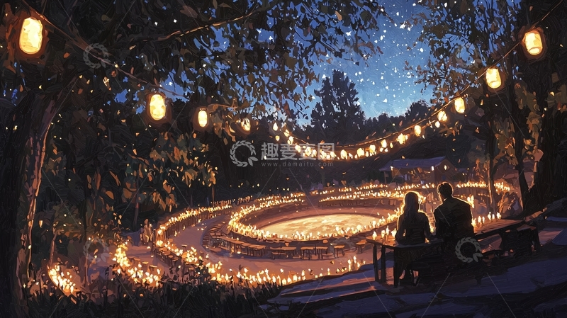 高清大图下载【趣麦麦图】夜晚森林篝火晚会场景