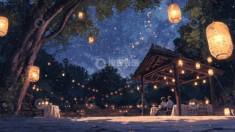 高清大图下载【趣麦麦图】夜晚户外露营帐篷下的浪漫场景