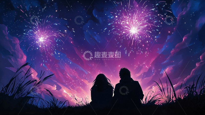 高清大图下载【趣麦麦图】烟花下的情侣剪影