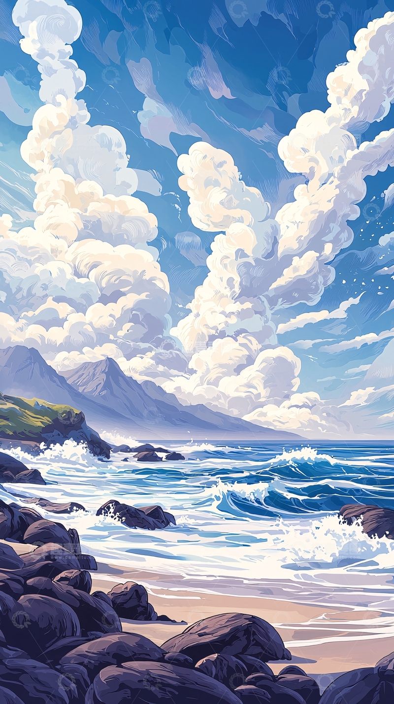 高清大图下载【趣麦麦图】海边岩石与波浪的风景画