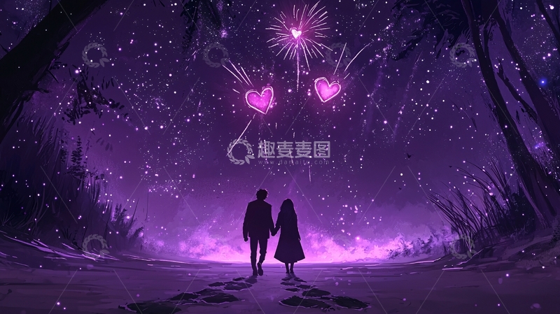 高清大图下载【趣麦麦图】浪漫夜晚情侣手牵手烟花璀璨