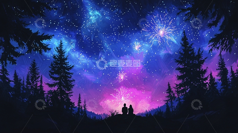 高清大图下载【趣麦麦图】夜空下的森林烟花浪漫情侣
