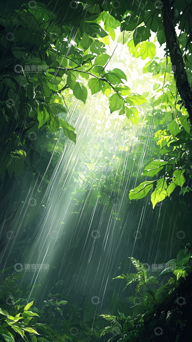 高清大图下载【趣麦麦图】雨林中的阳光穿透树叶