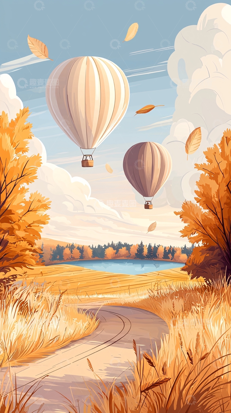 高清大图下载【趣麦麦图】秋日热气球飞行风景