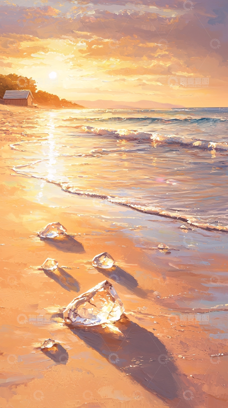 高清大图下载【趣麦麦图】夕阳下的海滩冰块