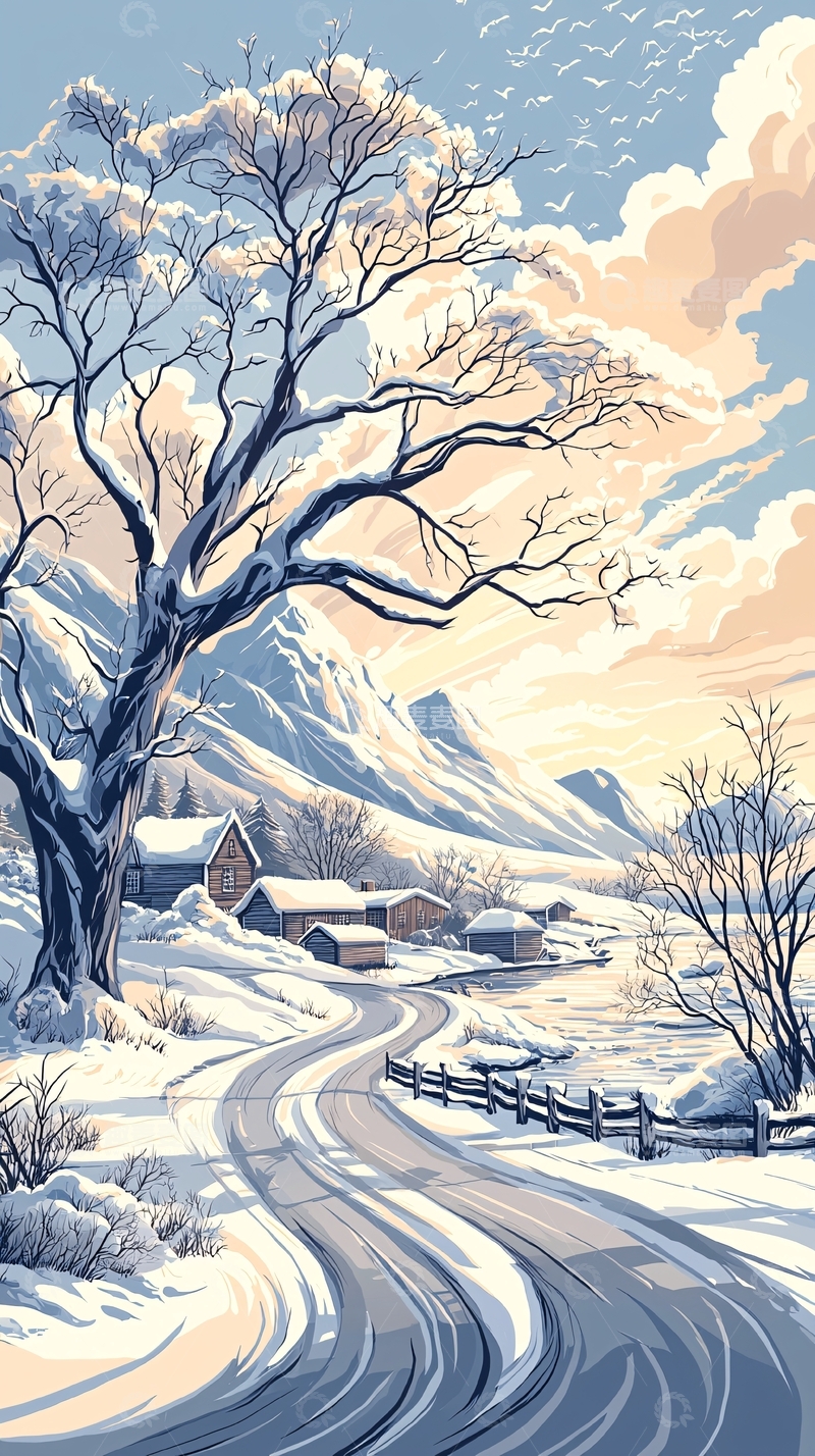 高清大图下载【趣麦麦图】冬日雪景小屋与蜿蜒小路
