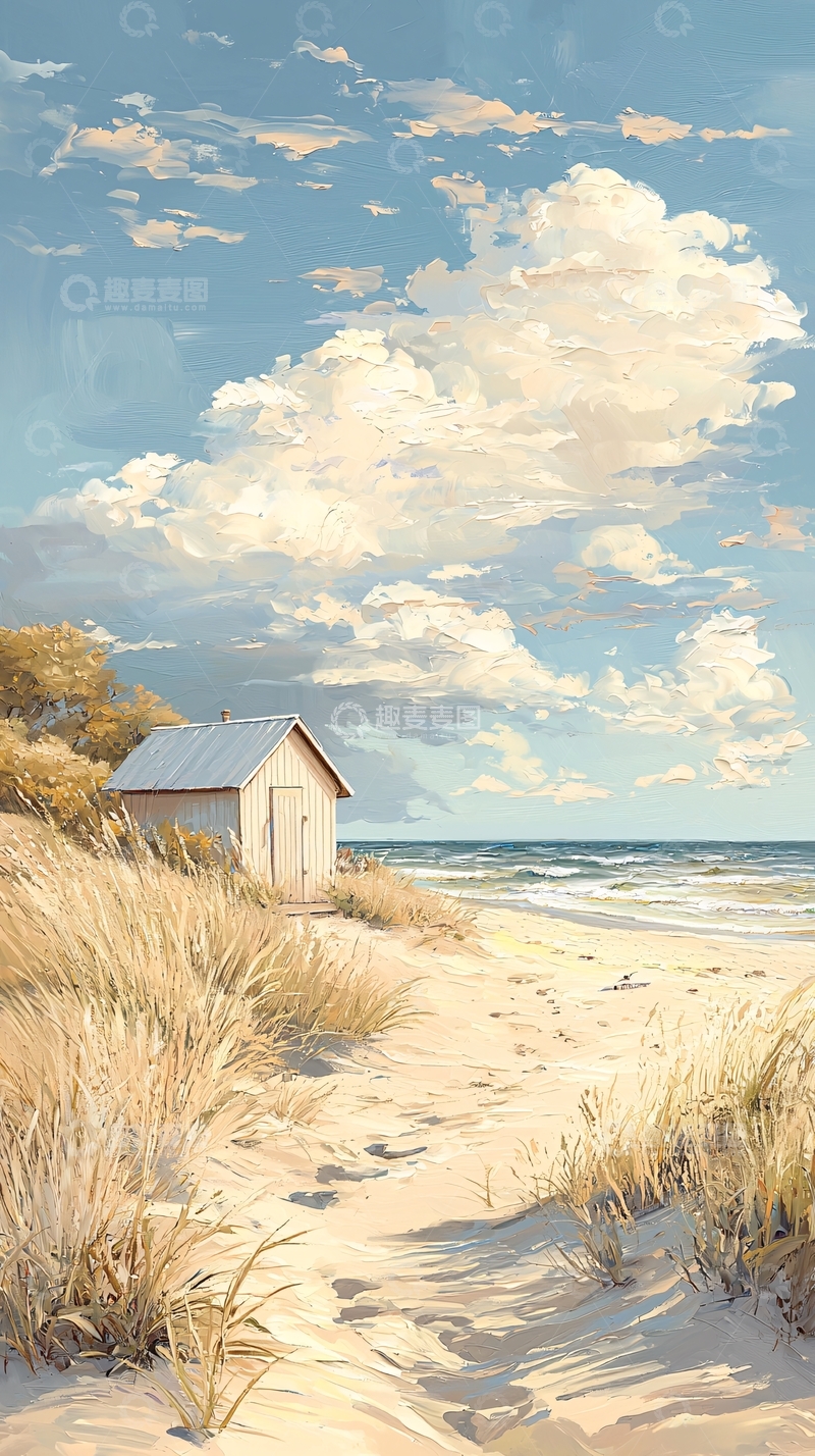高清大图下载【趣麦麦图】海边小屋与沙滩风景