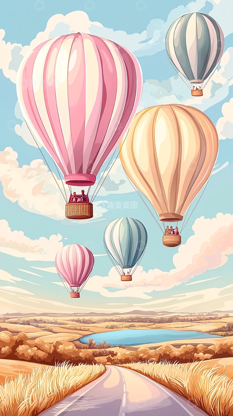 高清大图下载【趣麦麦图】热气球飞行风景图