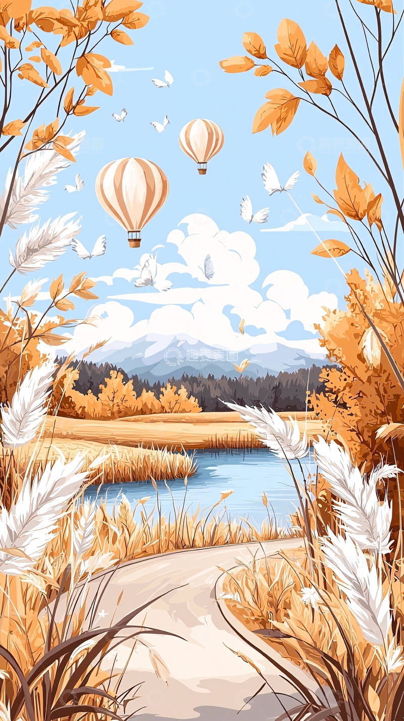 高清大图下载【趣麦麦图】秋日热气球与自然风光