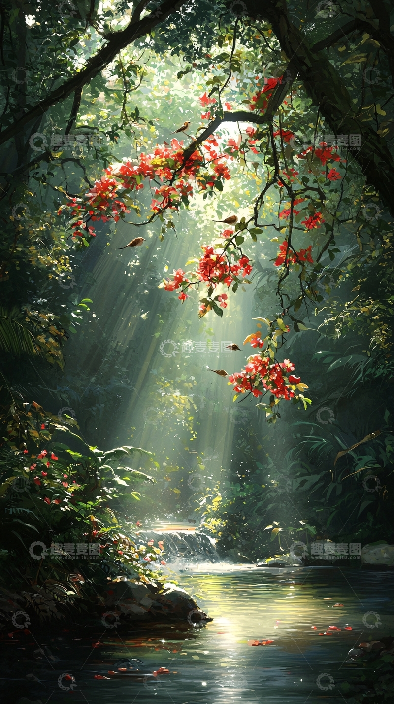 高清大图下载【趣麦麦图】阳光森林瀑布溪流
